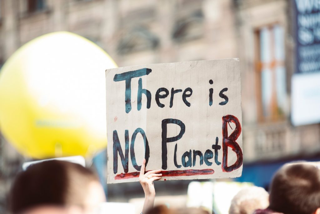Manifestanti con cartello "there is no planet B"