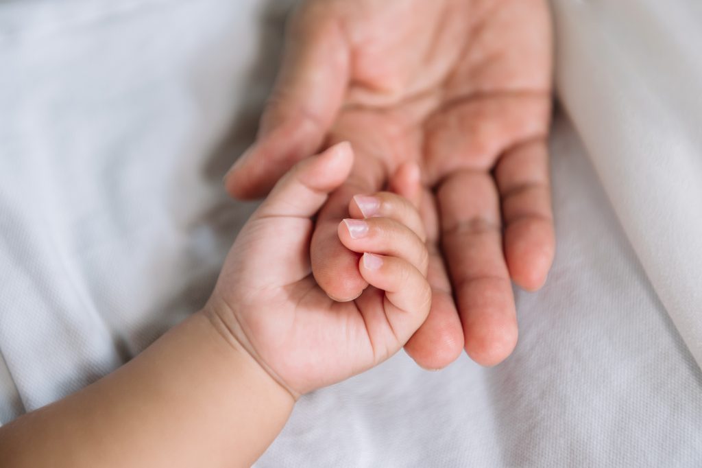 Mani di un bambino e un adulto si toccano